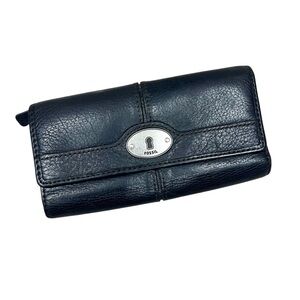 Fossil Black Genuine Pebbled Leather Keyhole Large Trifold Maddox Wallet